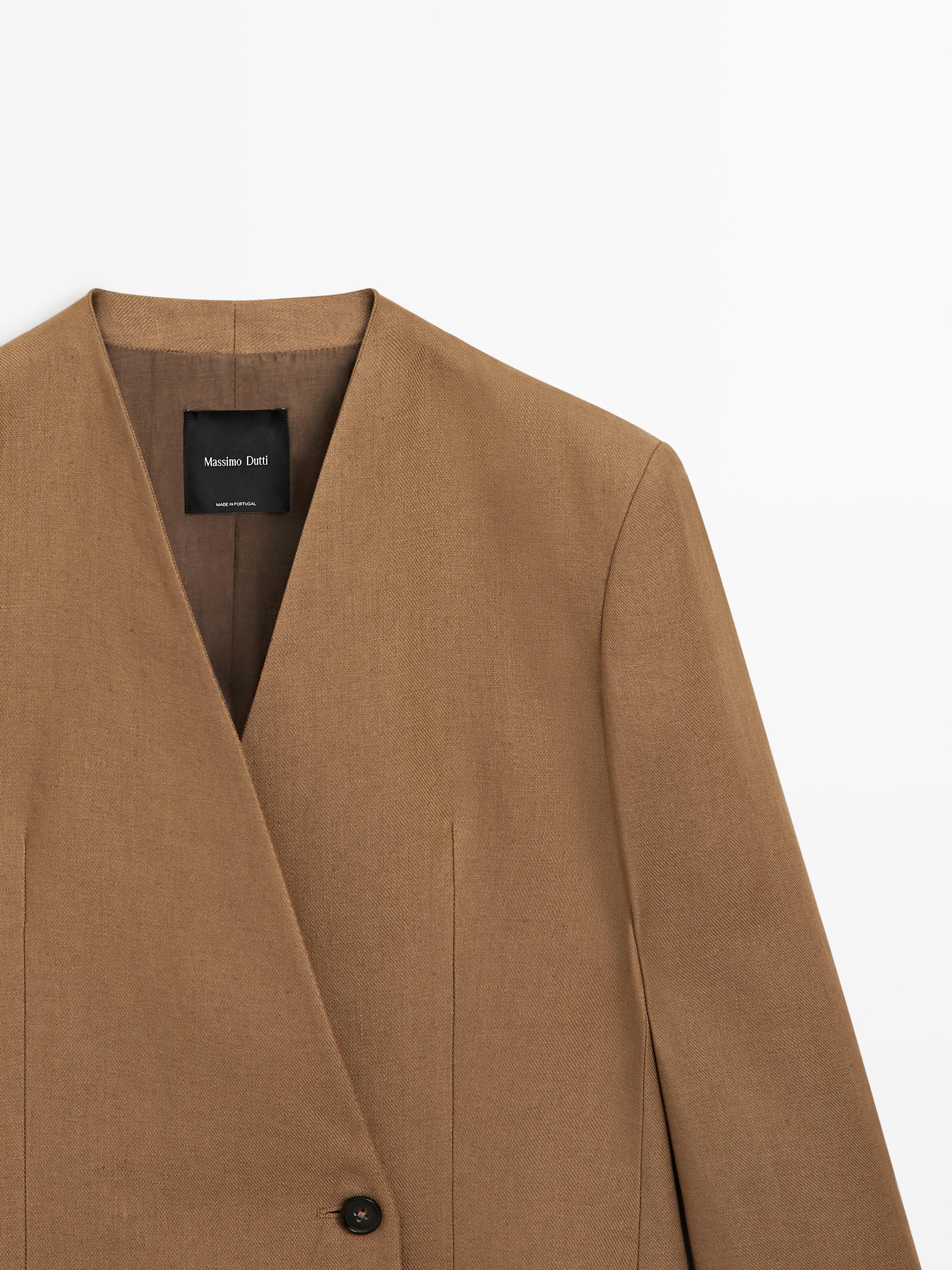 100% linen lapelless double-breasted blazer